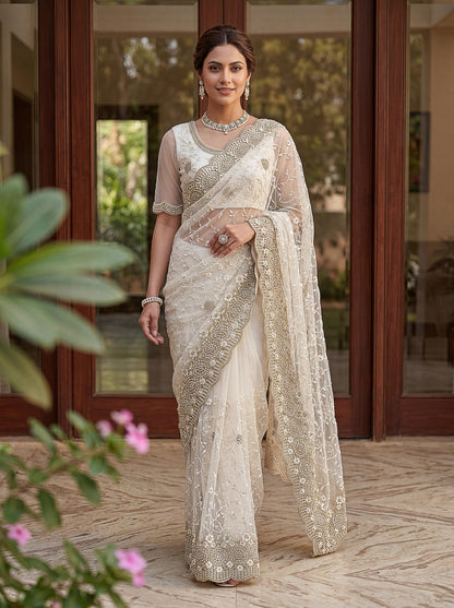 Elegant White Designer Saree with Heavy Embroidery Work