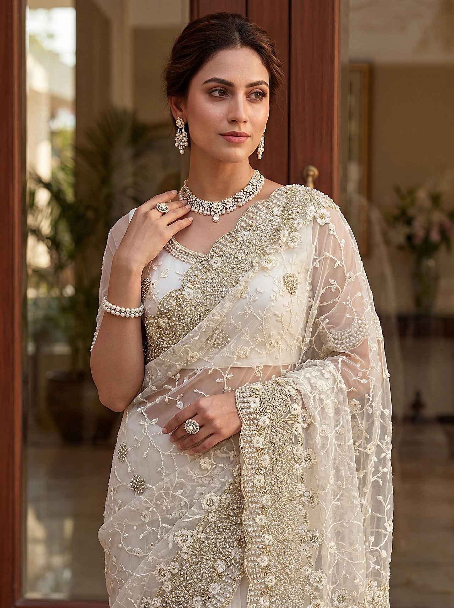 Elegant White Designer Saree with Heavy Embroidery Work