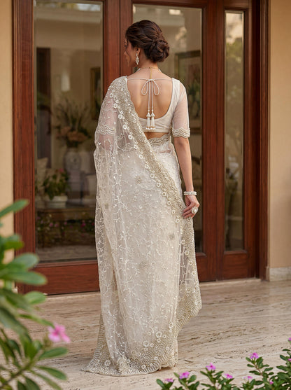 Elegant White Designer Saree with Heavy Embroidery Work