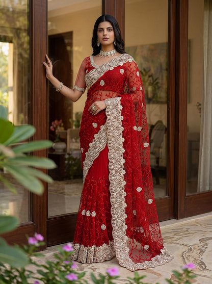 Premium Net Saree with Intricate Hand Embroidery And Border