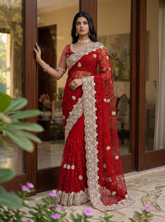 Premium Net Saree with Intricate Hand Embroidery And Border