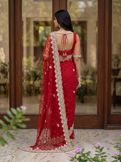 Premium Net Saree with Intricate Hand Embroidery And Border