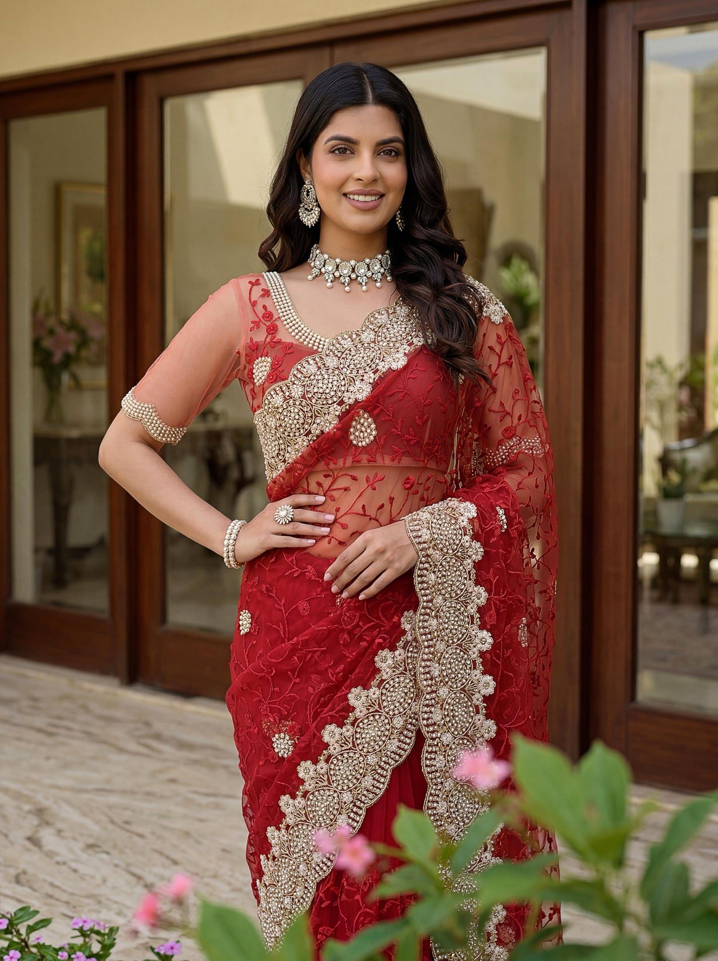 Premium Net Saree with Intricate Hand Embroidery And Border