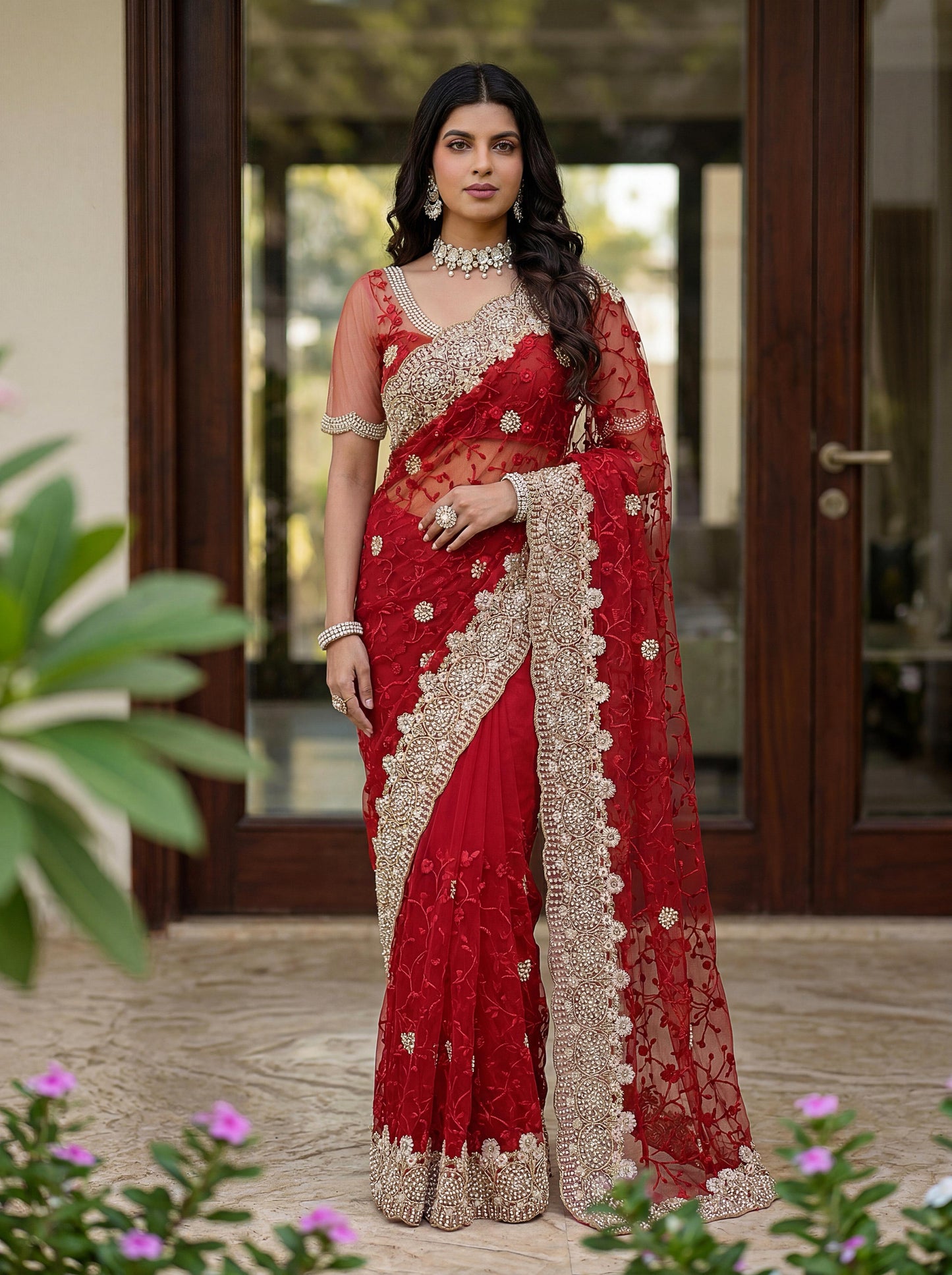 Premium Net Saree with Intricate Hand Embroidery And Border