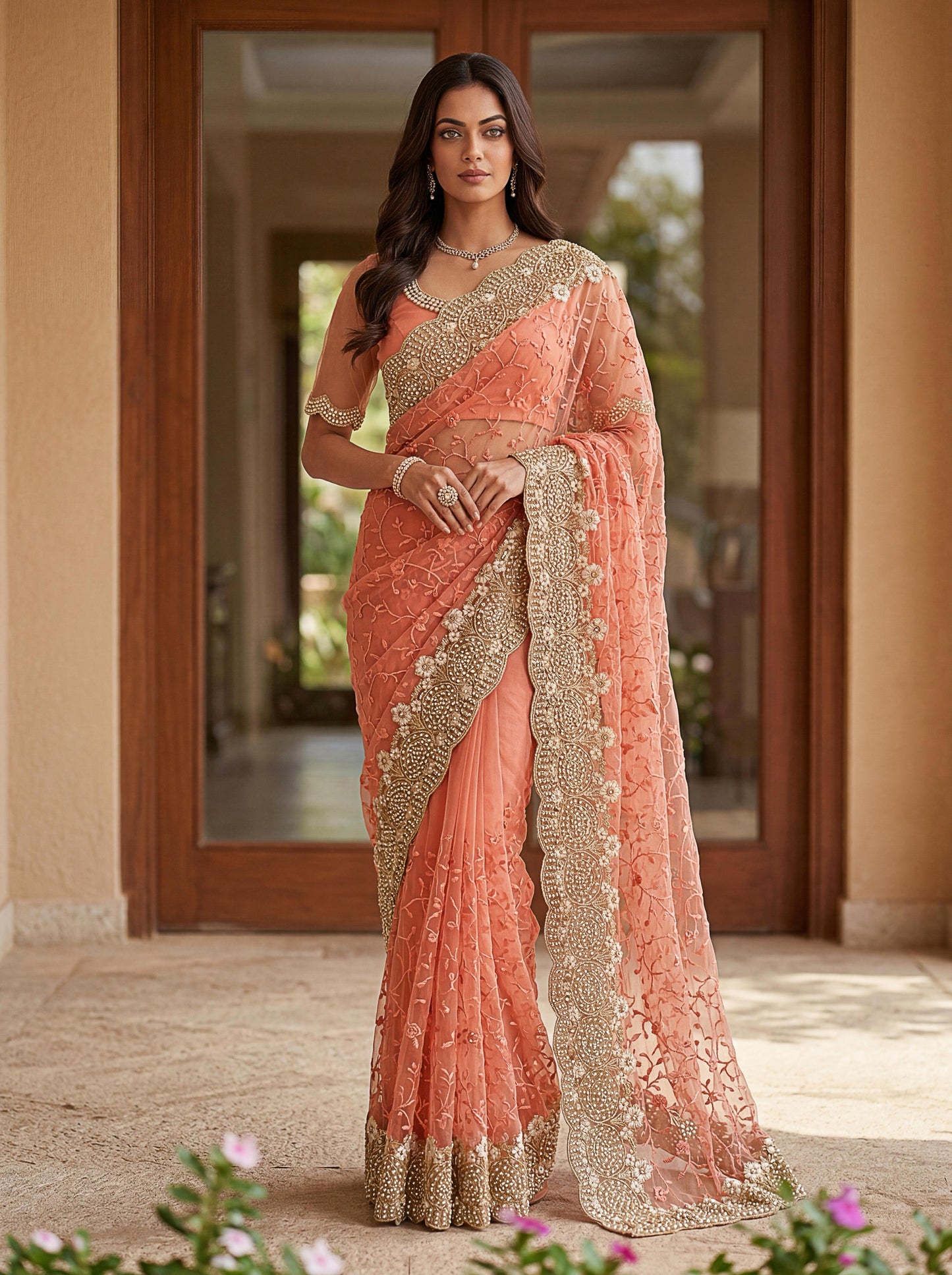 Party Wear Peach Saree with Designer Blouse And Heavy Work