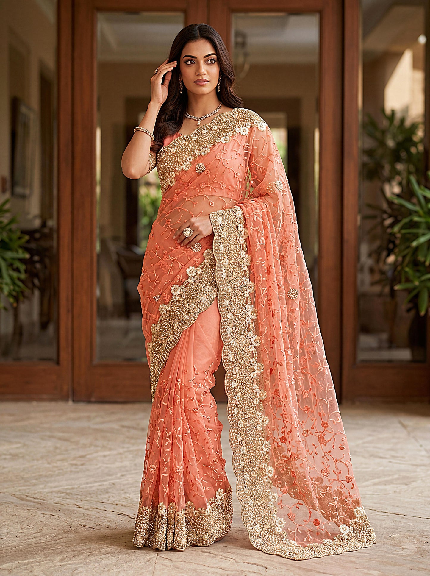 Party Wear Peach Saree with Designer Blouse And Heavy Work