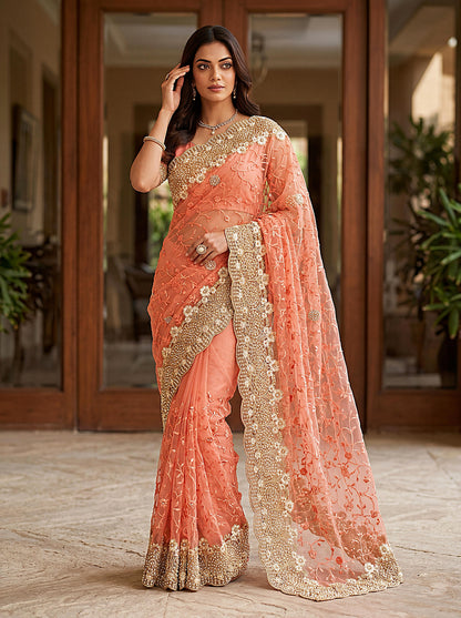 Party Wear Peach Saree with Designer Blouse And Heavy Work