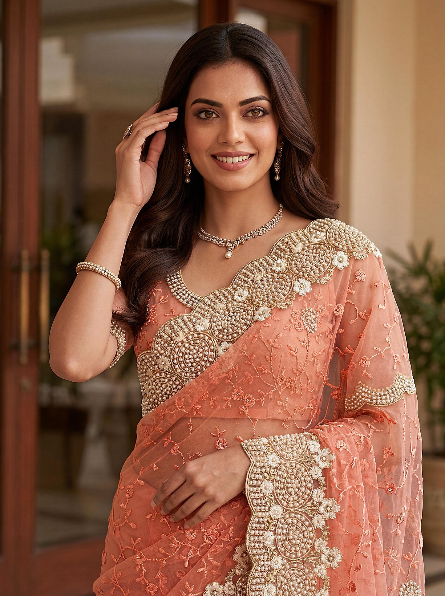 Party Wear Peach Saree with Designer Blouse And Heavy Work