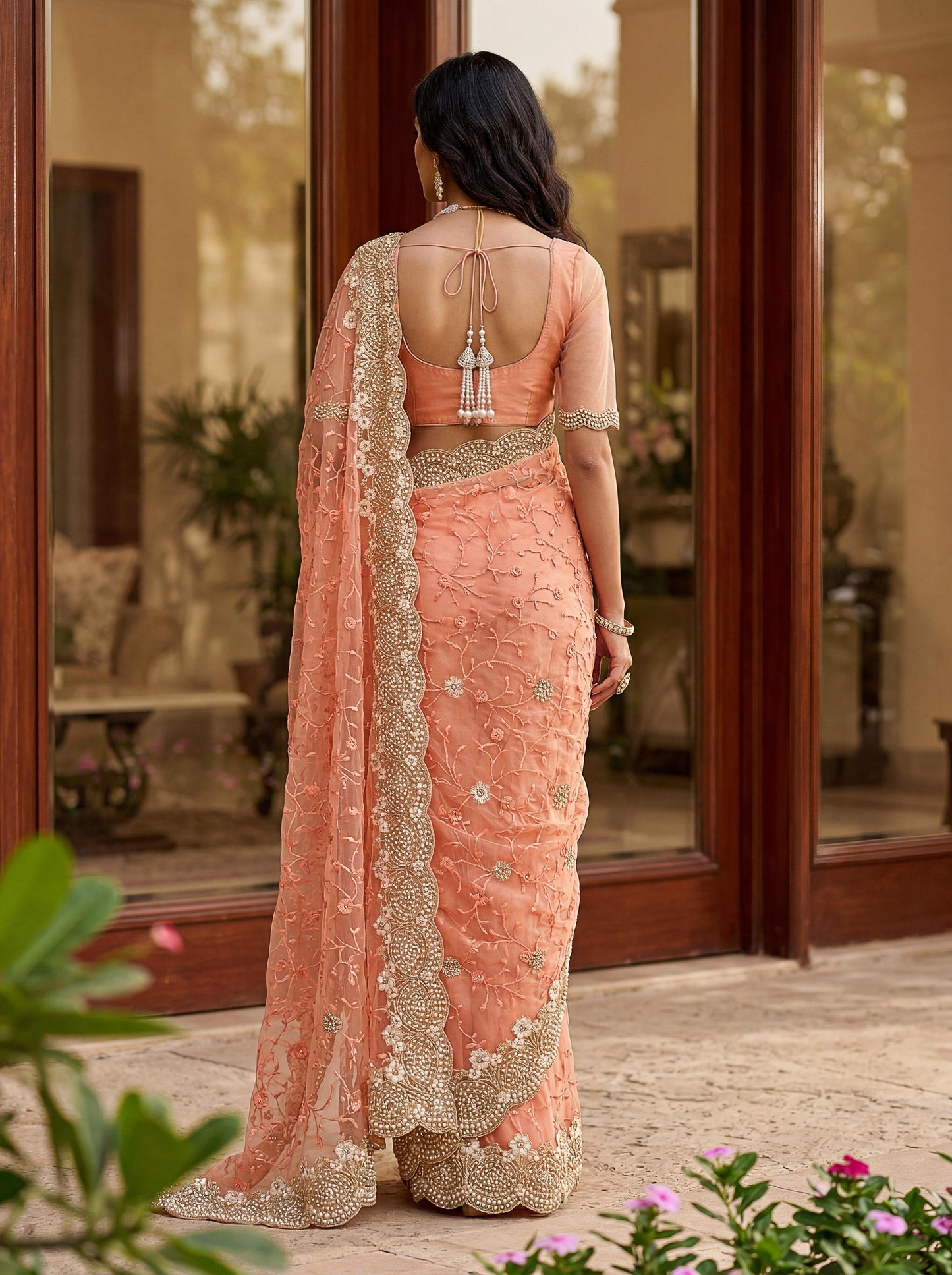 Party Wear Peach Saree with Designer Blouse And Heavy Work
