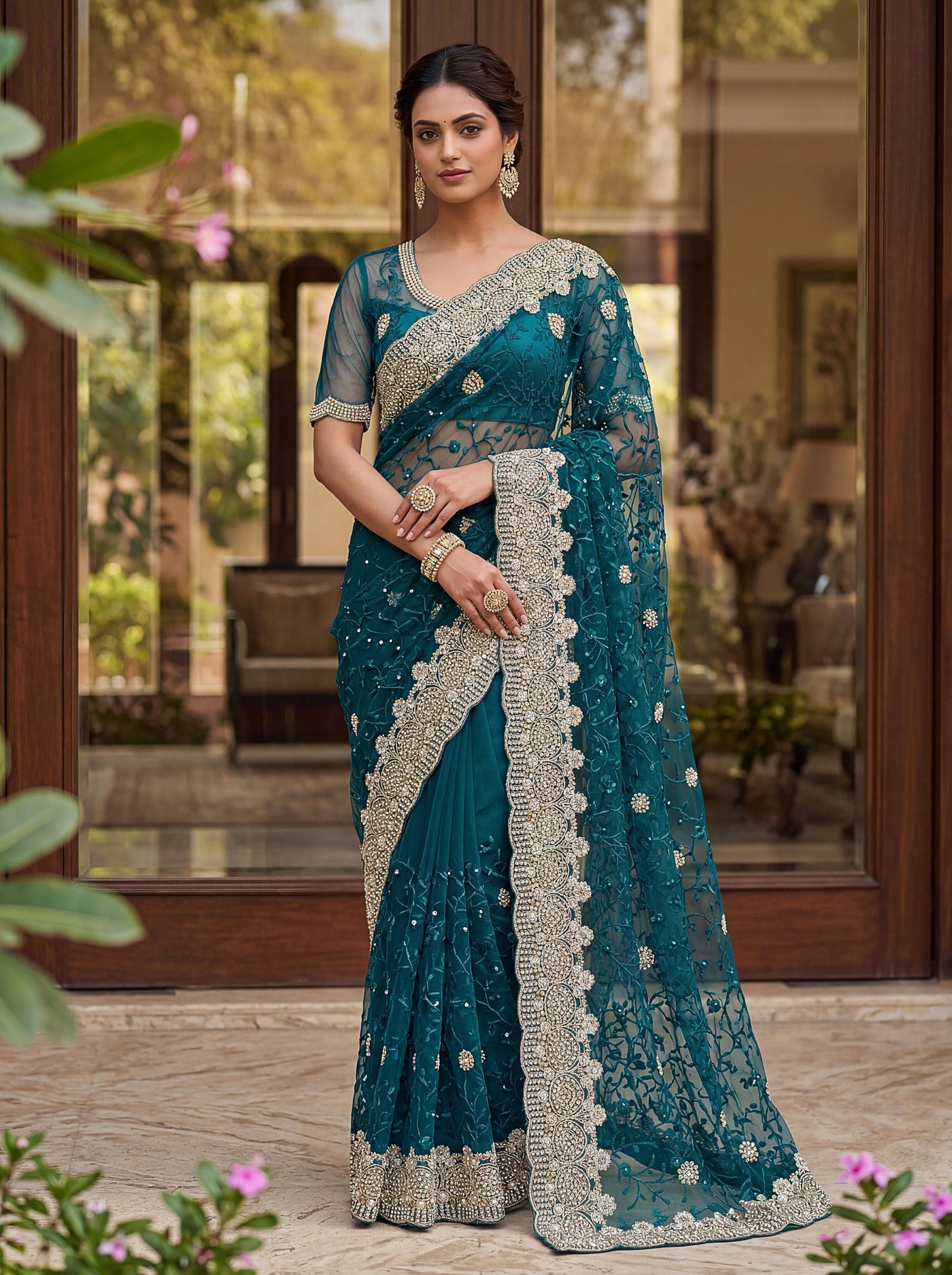 Bridal Style Designer Saree with Heavy Border And Blouse