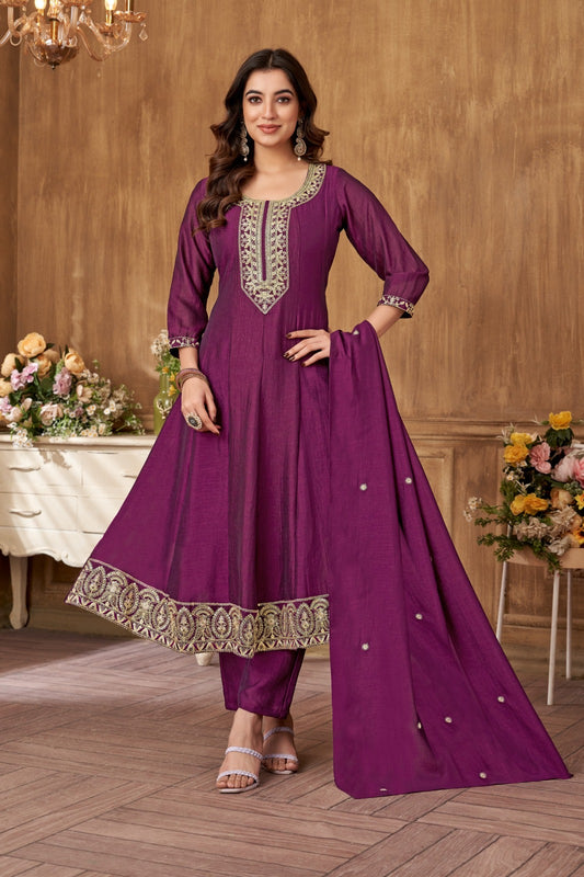 Wine Vichitra Silk Embroidered Suit Set