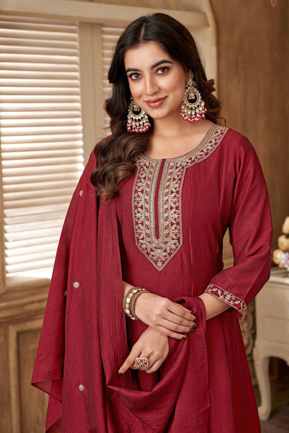 Maroon Vichitra Silk Embroidery Suit Set