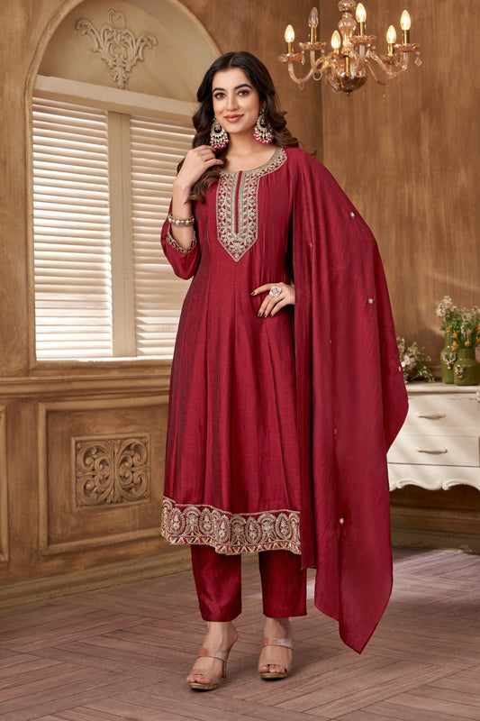 Maroon Vichitra Silk Embroidery Suit Set