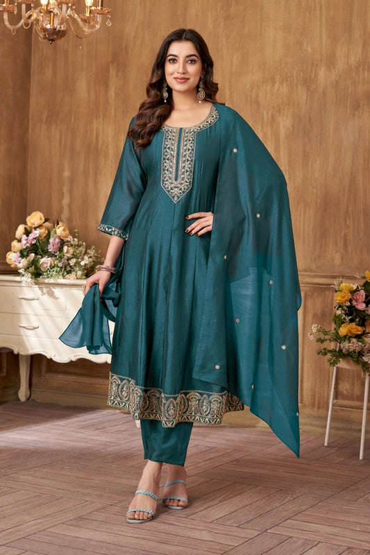 Women Teal Anarkali Embroidered Suit