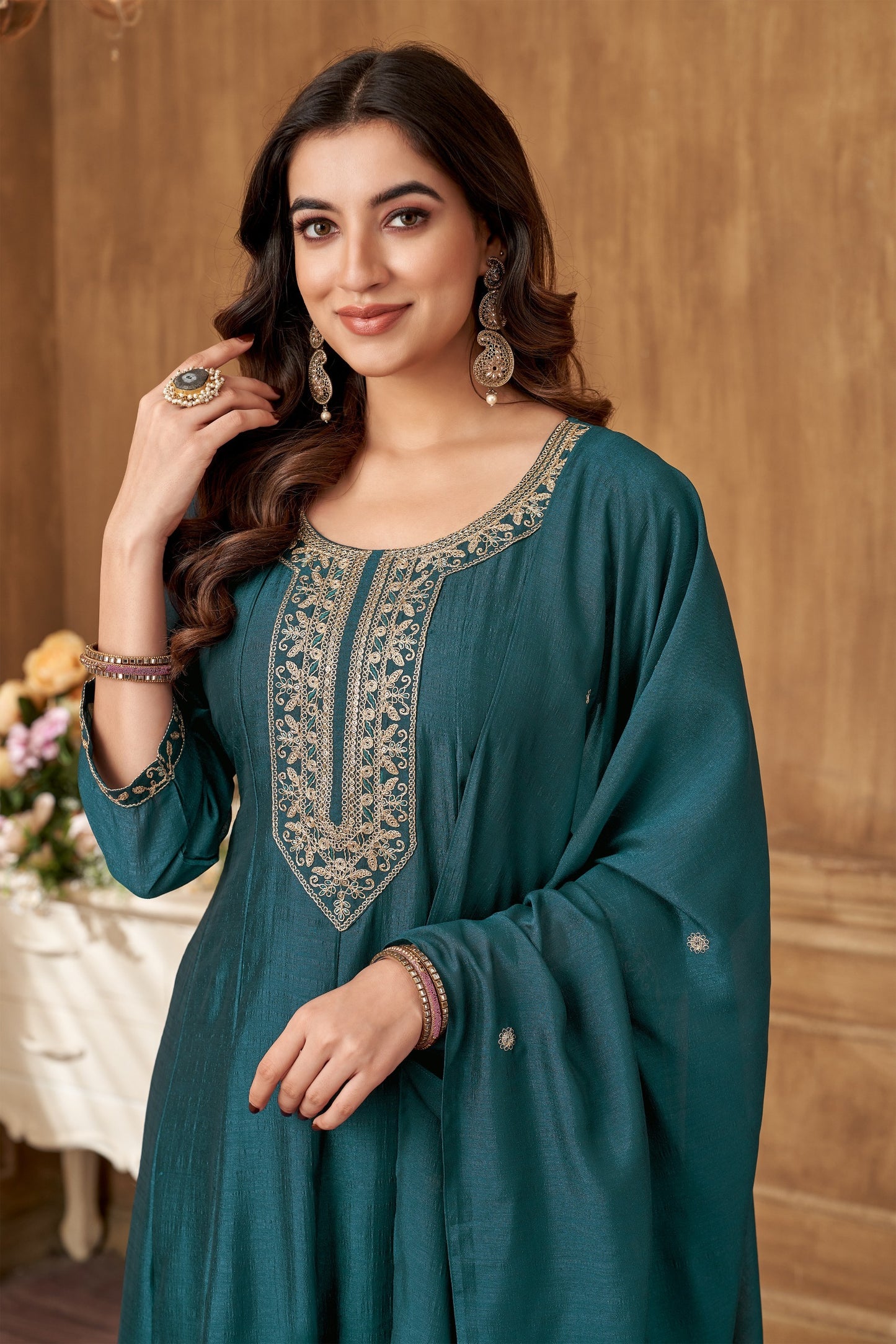 Women Teal Anarkali Embroidered Suit