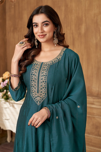 Women Teal Anarkali Embroidered Suit