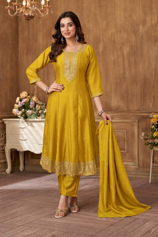 Vichitra Silk Embroidery Anarkali Suit Set