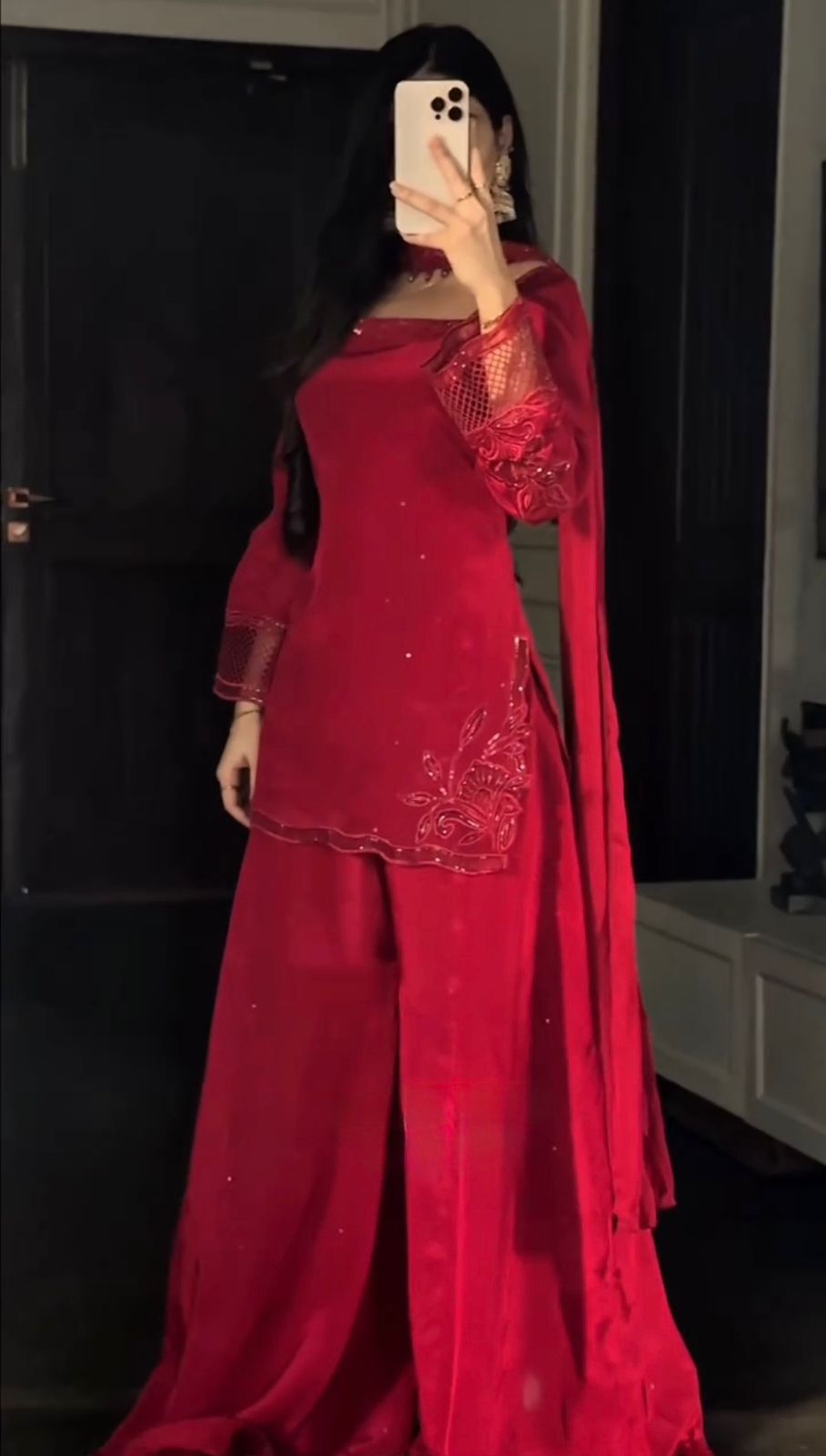 Red Party Wear Kurti Palazzo Set with Embroidery And Stylish Dupatta