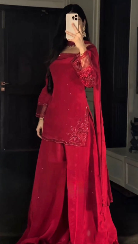 Red Party Wear Kurti Palazzo Set with Embroidery And Stylish Dupatta