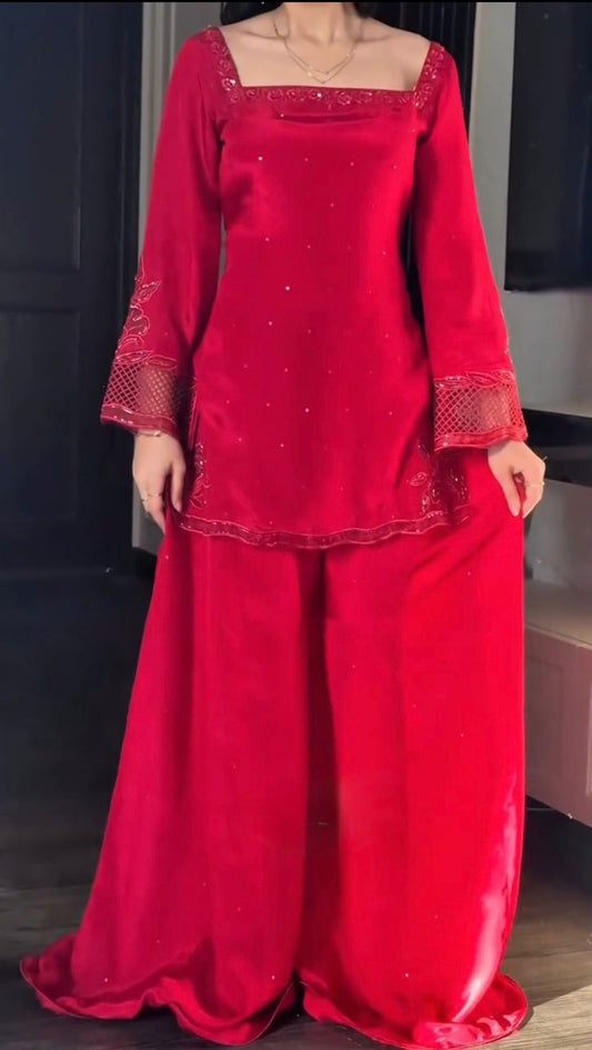 Red Party Wear Kurti Palazzo Set with Embroidery And Stylish Dupatta