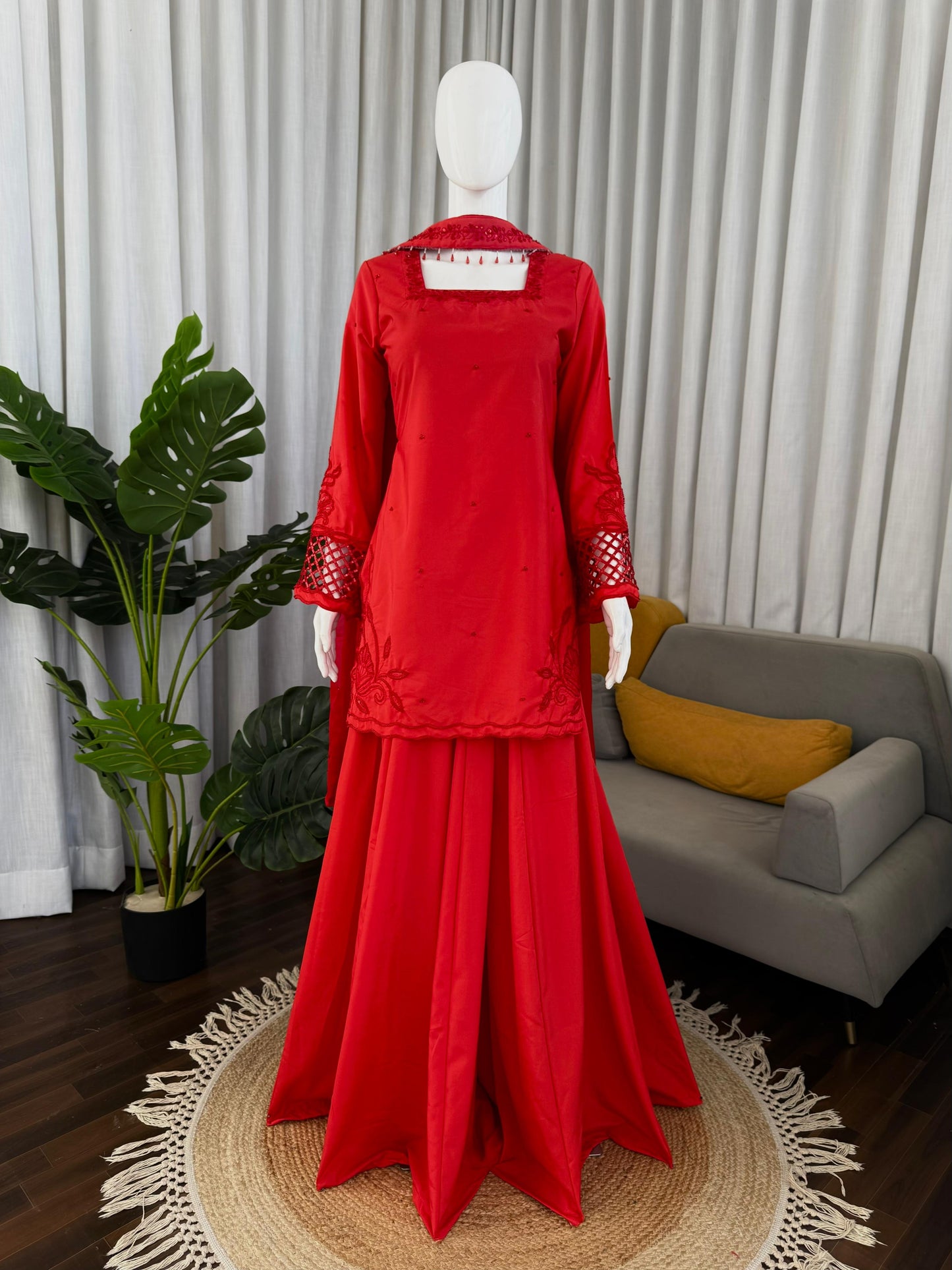 Red Party Wear Kurti Palazzo Set with Embroidery And Stylish Dupatta