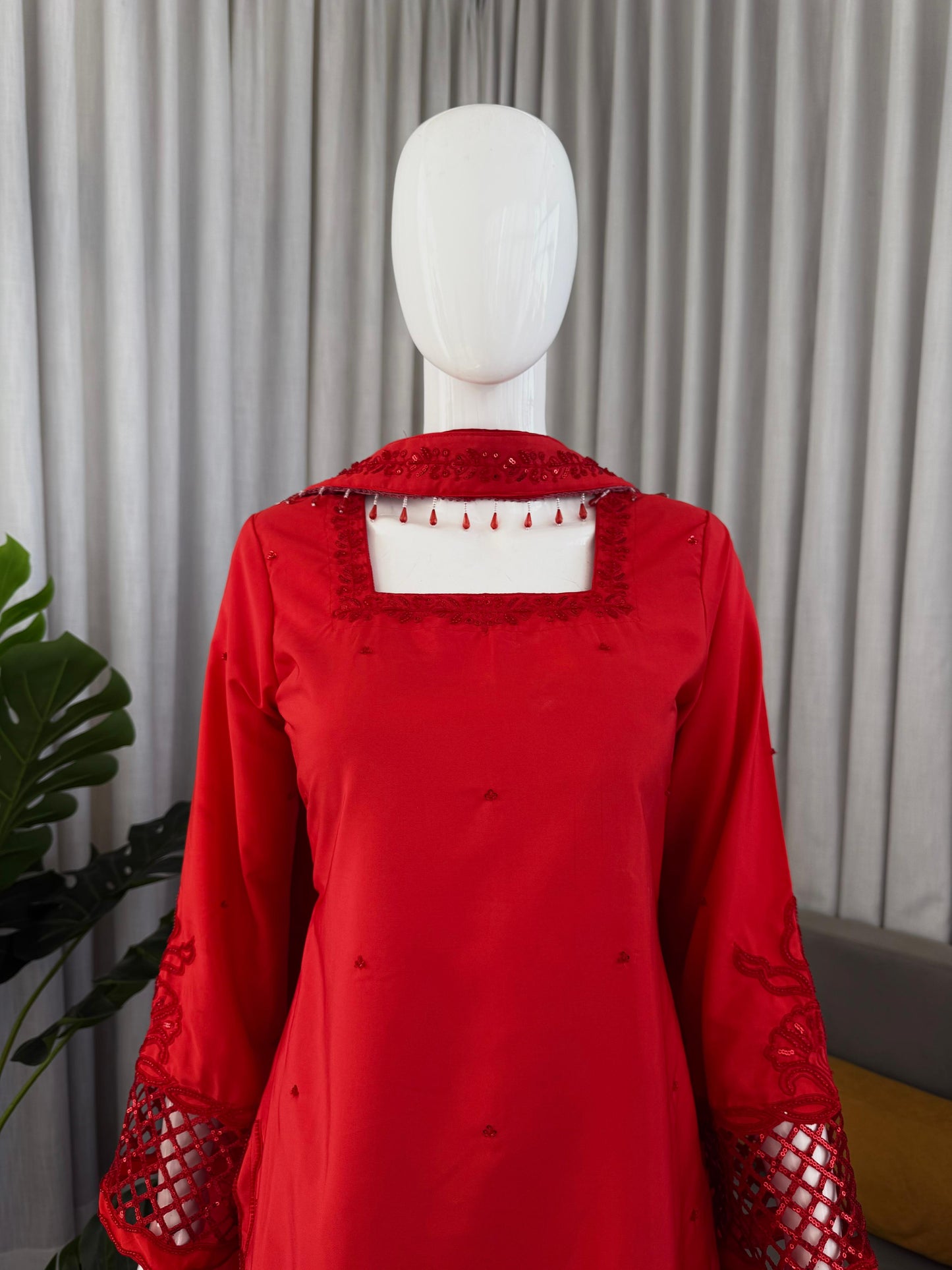 Red Party Wear Kurti Palazzo Set with Embroidery And Stylish Dupatta