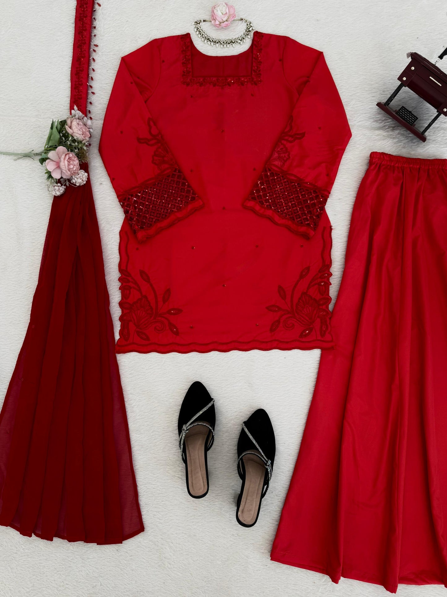 Red Party Wear Kurti Palazzo Set with Embroidery And Stylish Dupatta