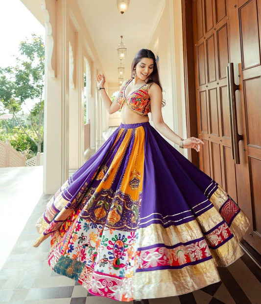 Purple Fully Flared Digital Print Muslin Cotton Lehenga Choli