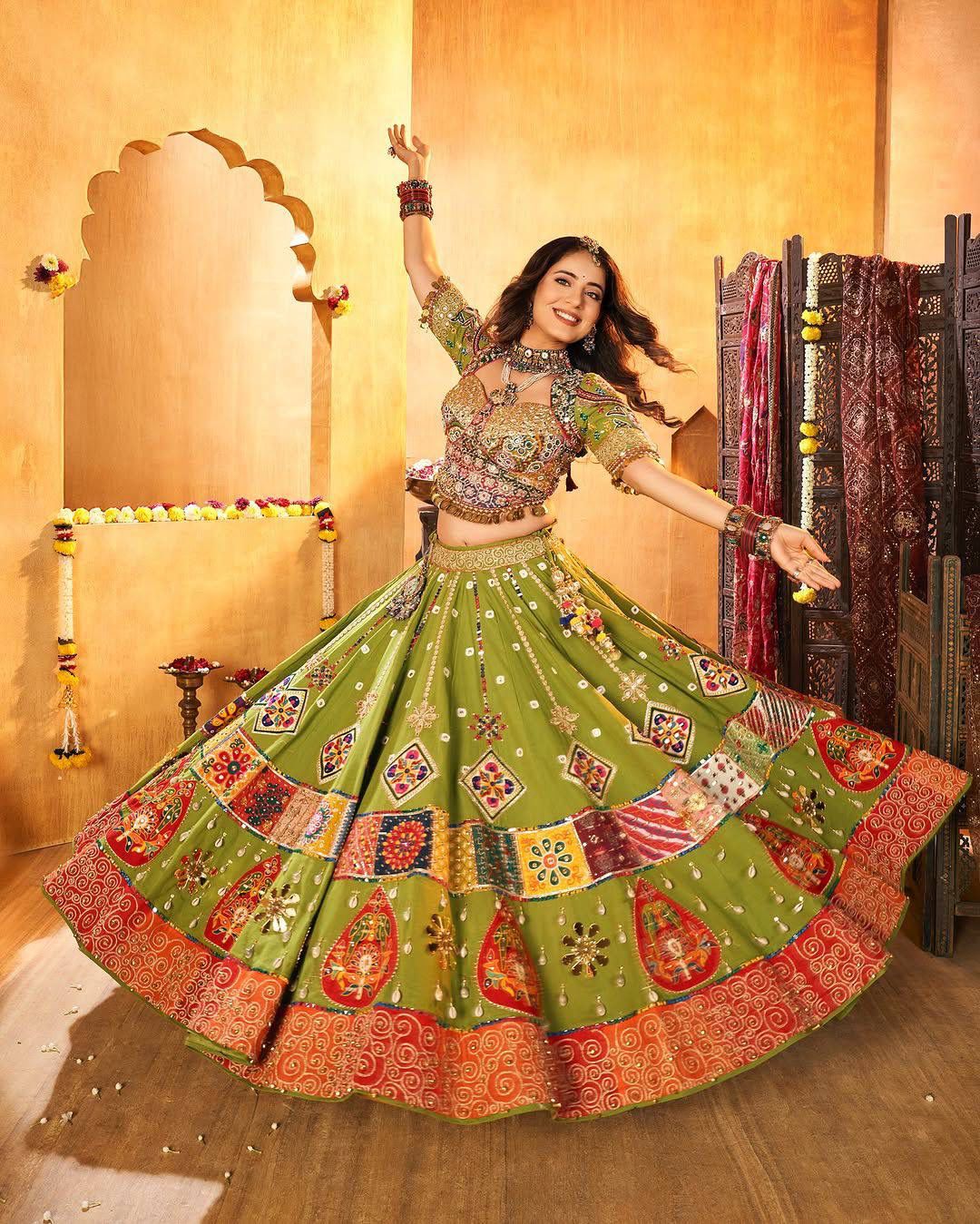 Navratri Special Muslin Cotton Green Lehenga Choli