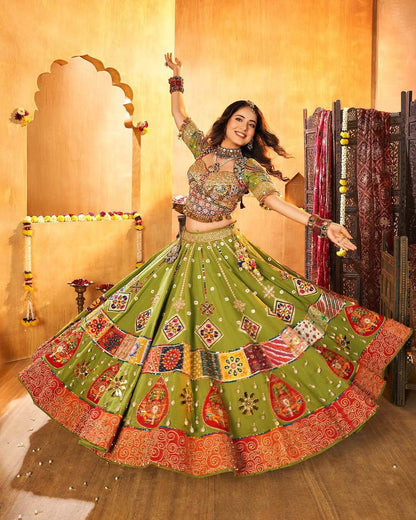 Navratri Special Muslin Cotton Green Lehenga Choli