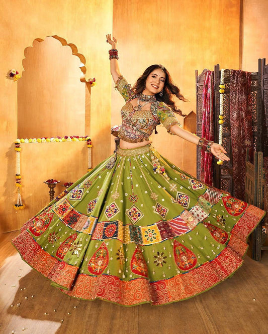 Navratri Special Muslin Cotton Green Lehenga Choli