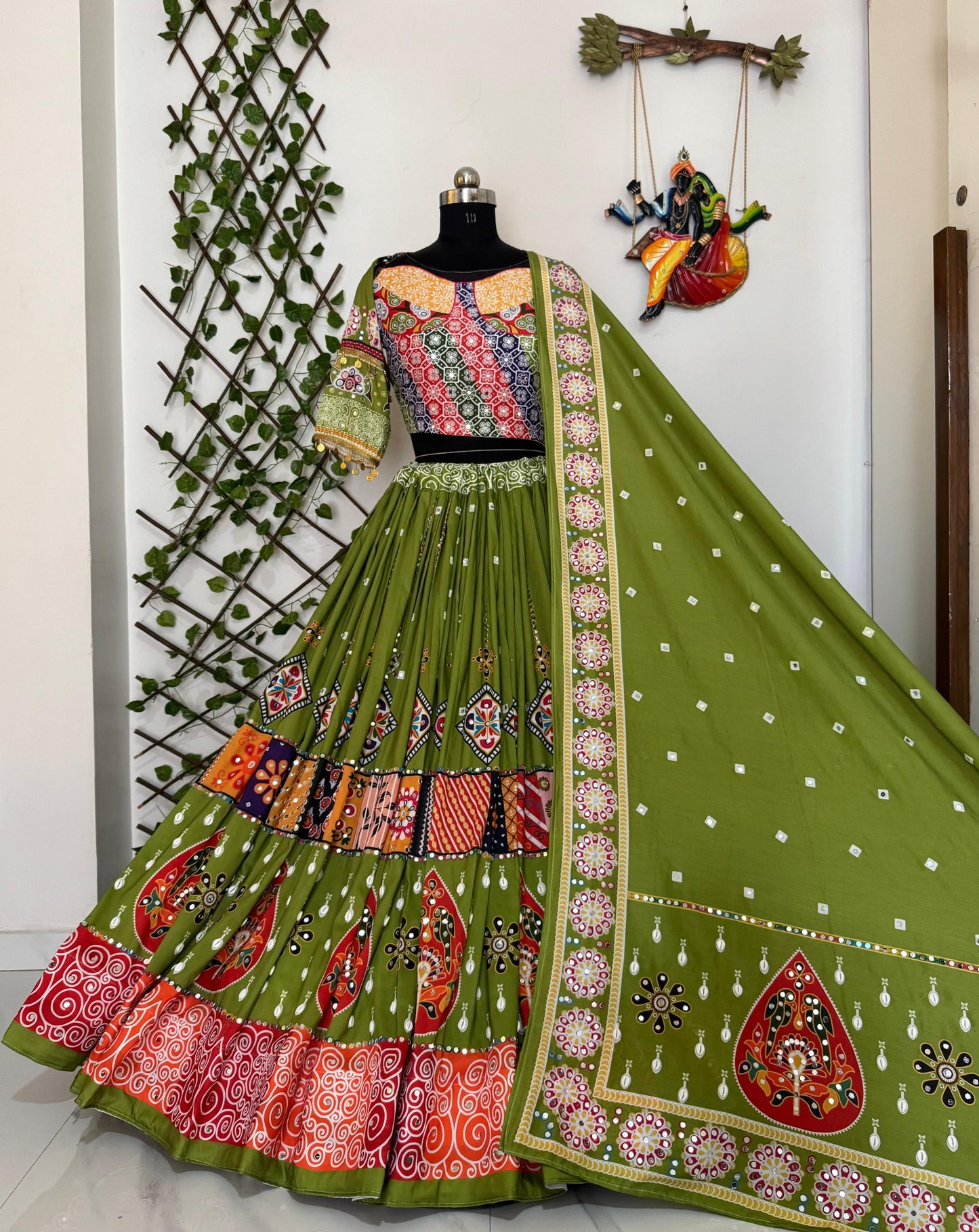 Navratri Special Muslin Cotton Green Lehenga Choli