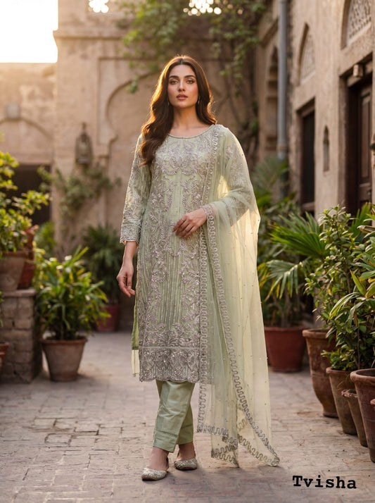 Pista Green Heavy Embroidered Suit Set