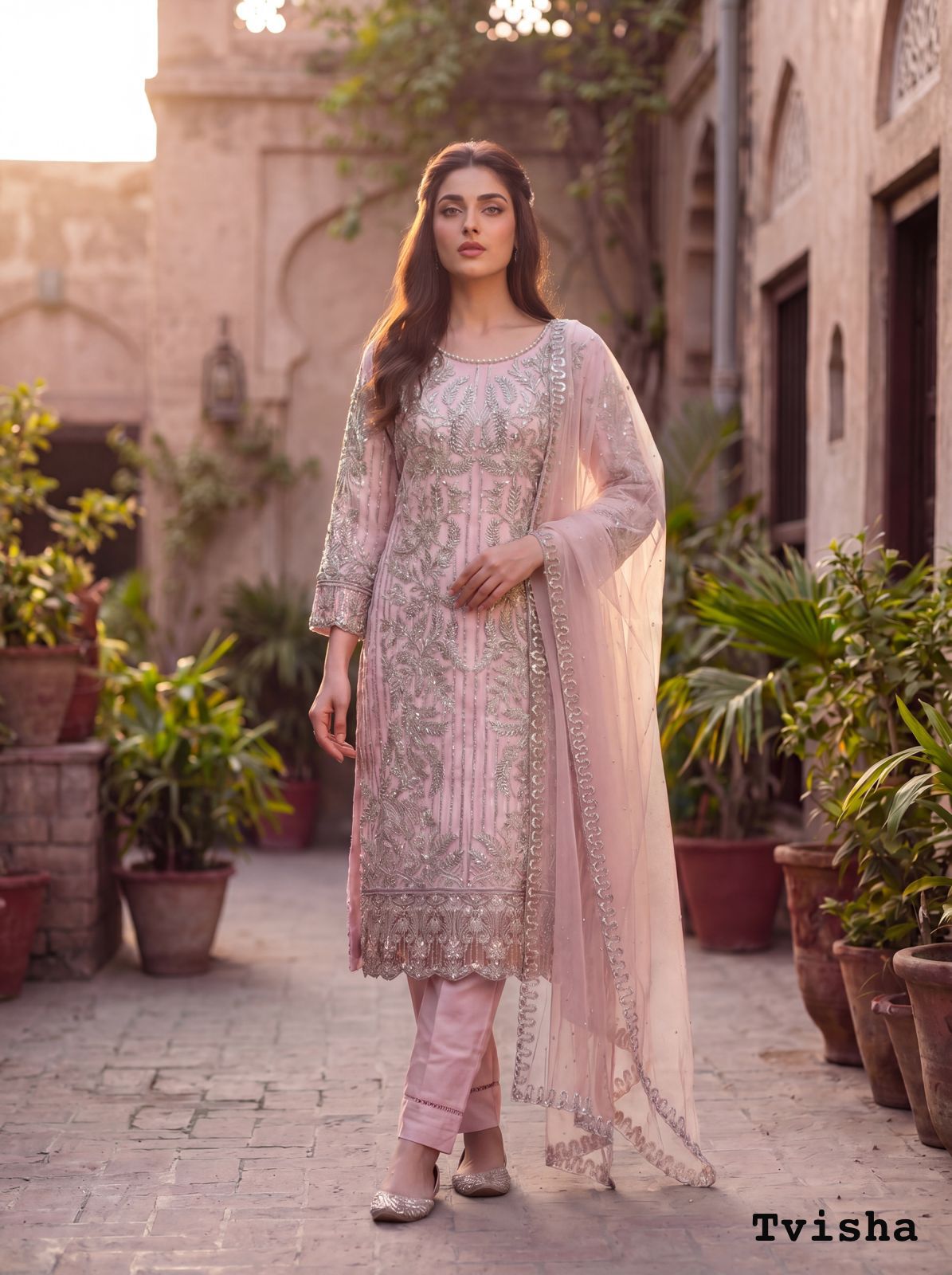 Light Pink Moti Work Suit Set