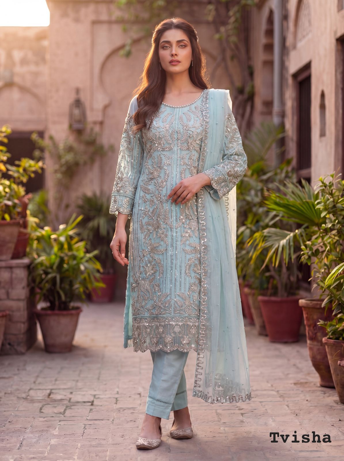 Wedding Wear Sky Blue  Heavy Embroidered Suit Set