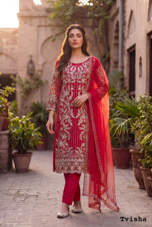 Soft Net Embroidered Red Heavy Suit Set