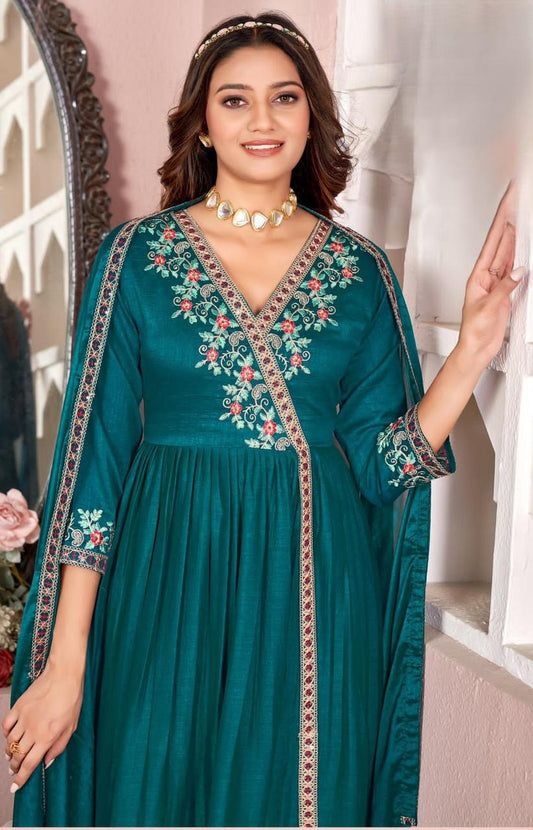 Teal Anarkali Embroidered Kurti Pant Set