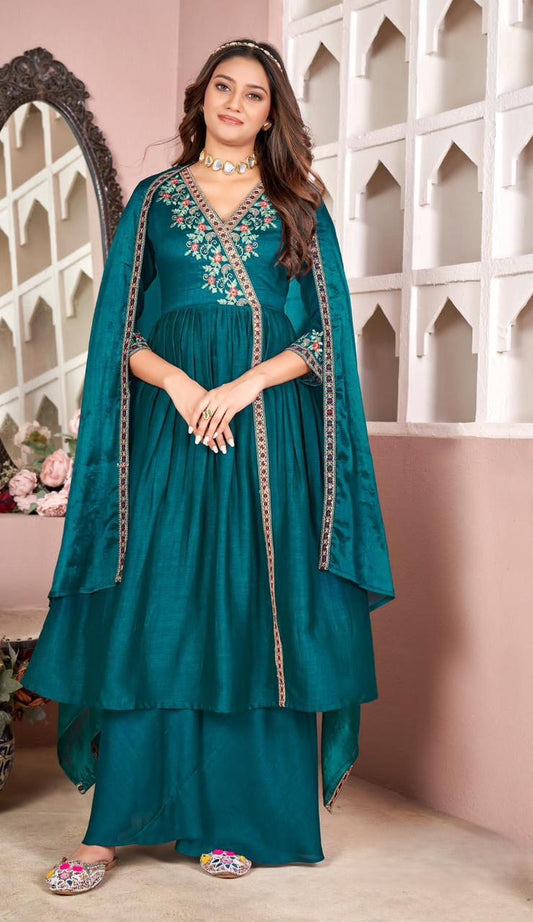 Teal Anarkali Embroidered Kurti Pant Set