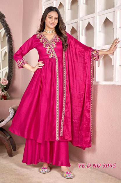 Beautiful Rani Pink Embroidered Kurti Pant Set