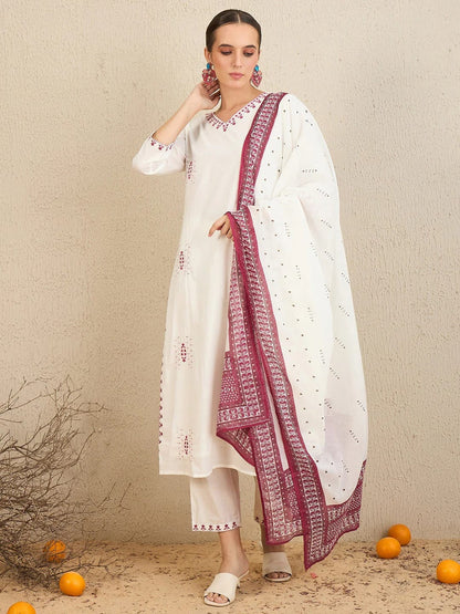 Cotton with Elegant Embroidery White Kurti Set