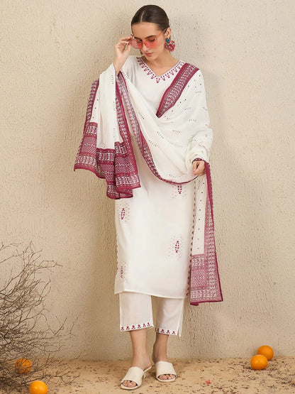 Cotton with Elegant Embroidery White Kurti Set