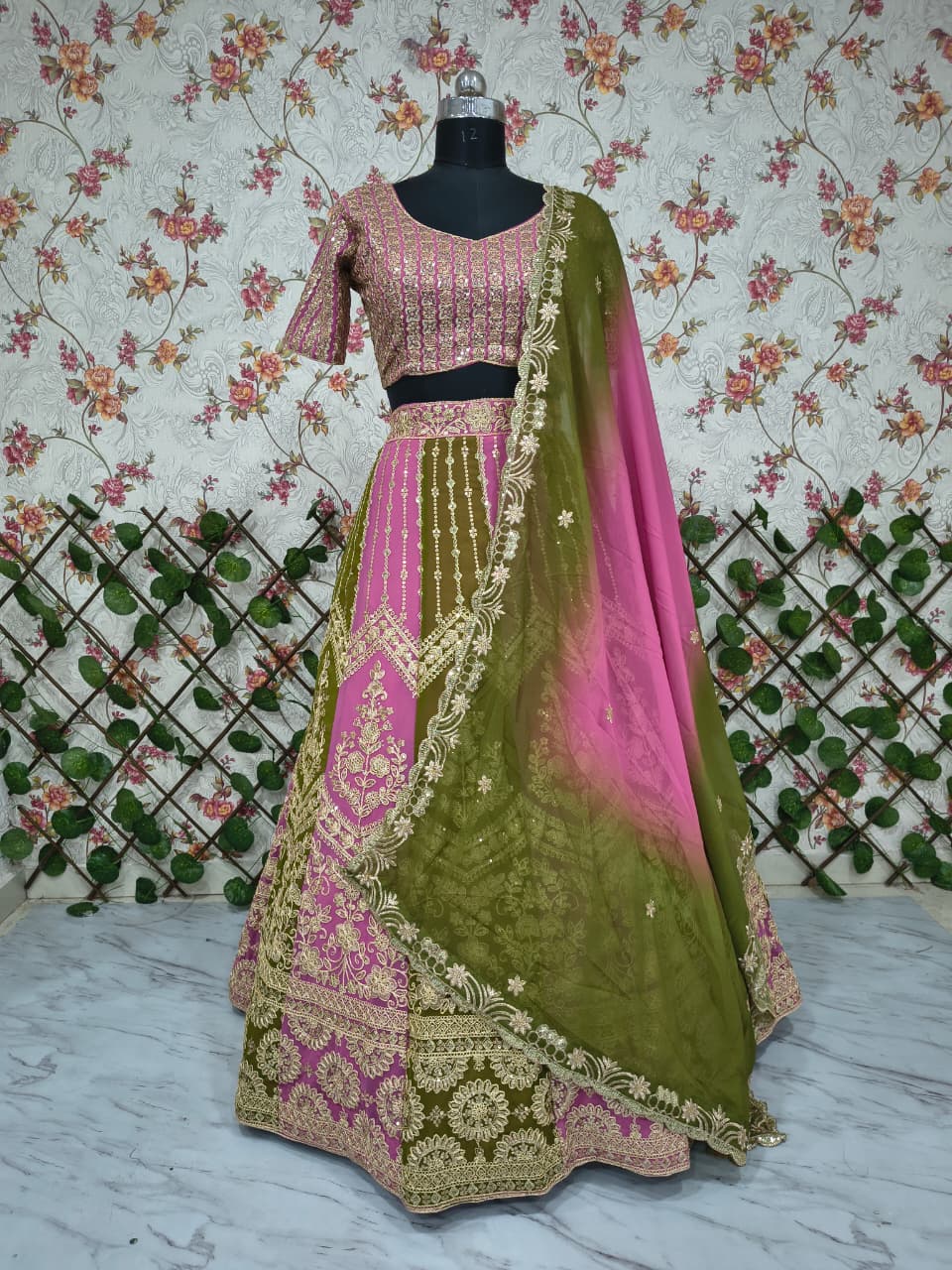 Olive Green with Rani Pink Designer Lehenga