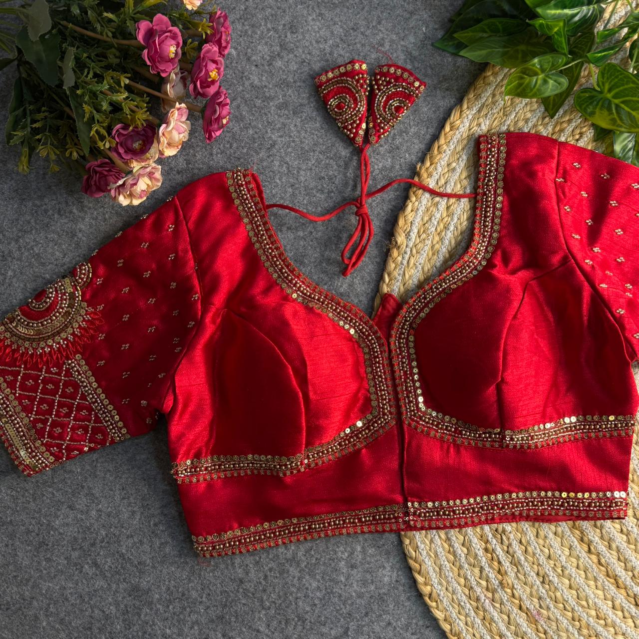 Beautiful Heavy Style Lotus Beads Work Red Bridal Blouse