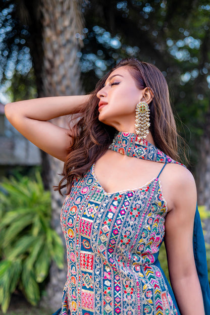 Noor Teal Blue Heavy Embroidery Pure Fabric Suit with Dupatta