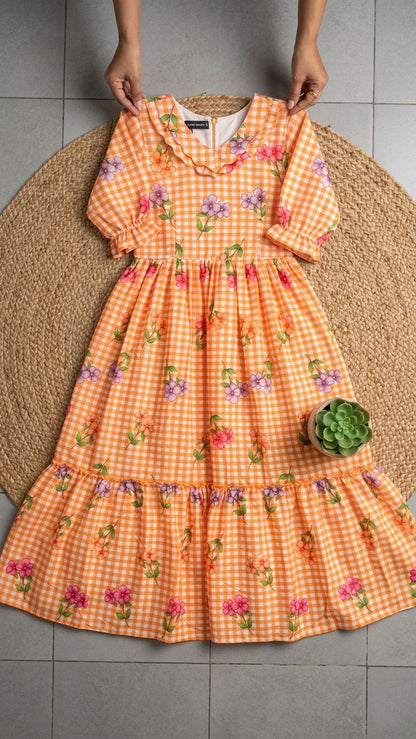 Orange Floral Aesthetic One Piece Dress