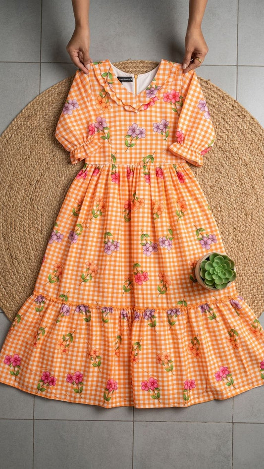 Orange Floral Aesthetic One Piece Dress
