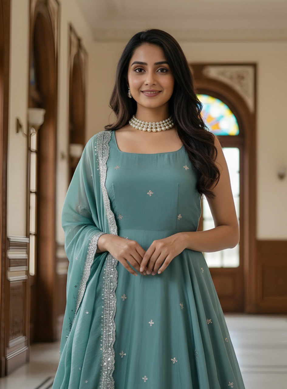 Elegance Fandy Satin Pastel Teal Anarkali Gown
