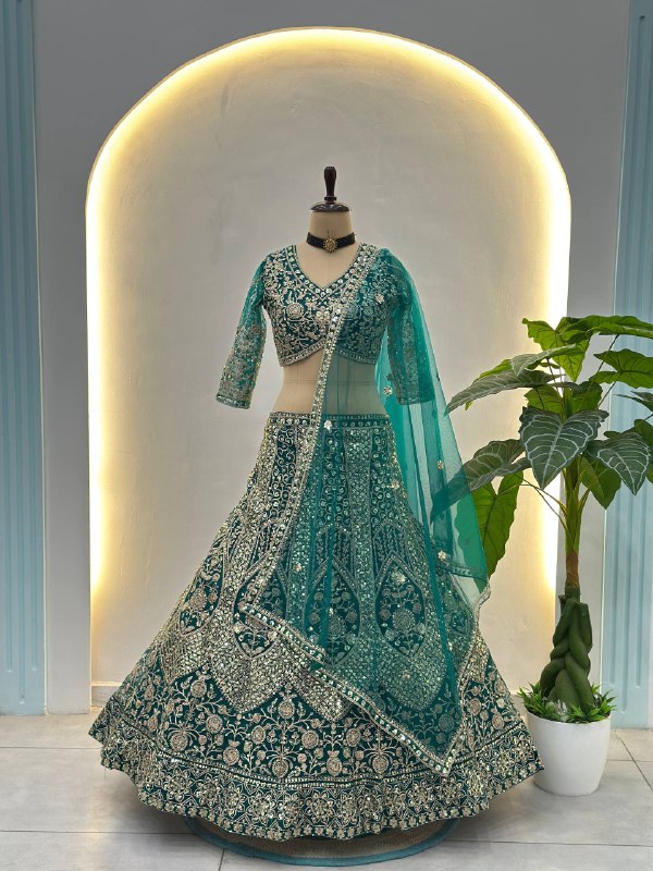Teal Green Wedding Lehenga Choli with Intricate Embroidery