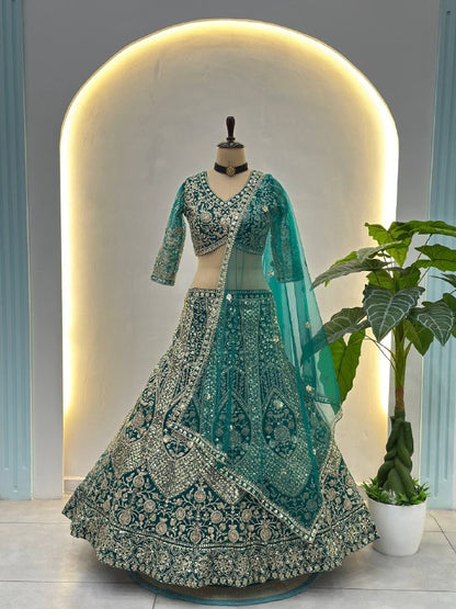 Teal Green Wedding Lehenga Choli with Intricate Embroidery