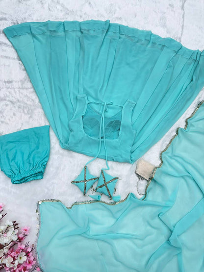 Sky Blue Plain Georgette Anarkali Kurti With Pant Dupatta Set